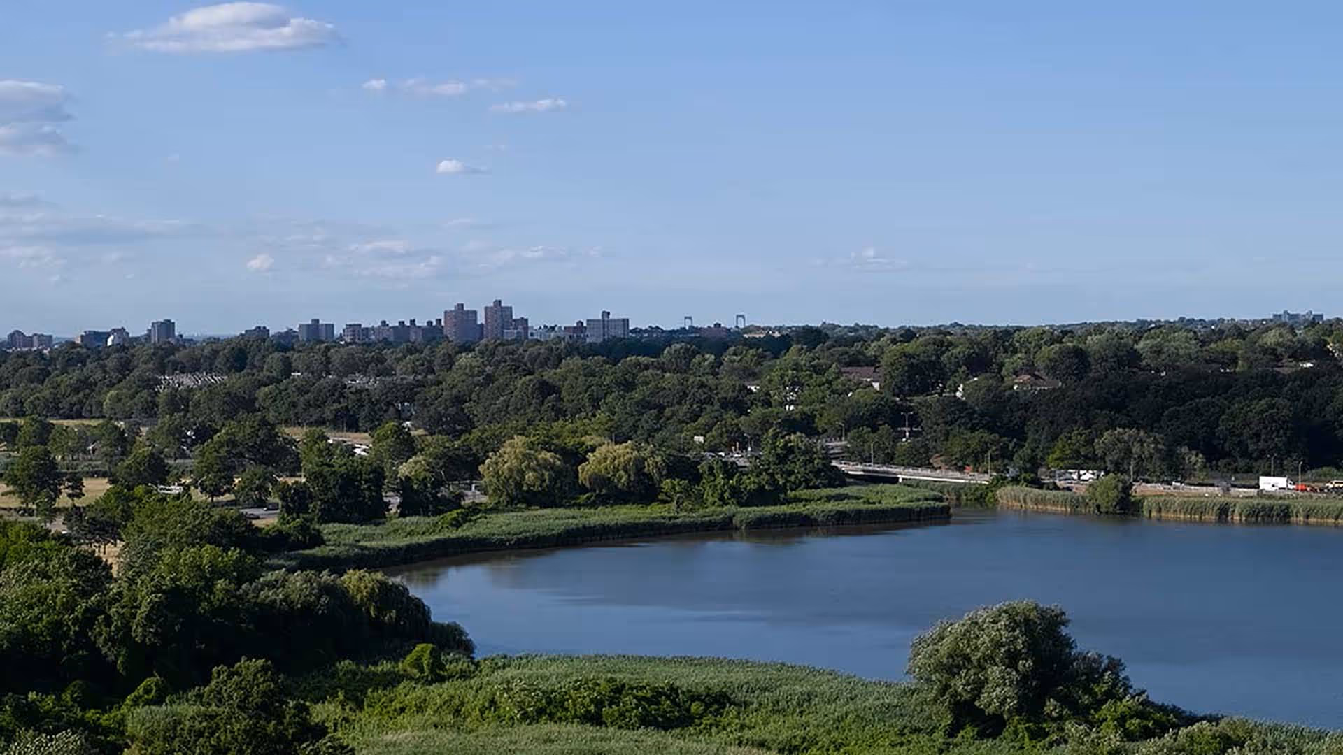 A scenic view of a large body of water surrounded by lush green trees and vegetation, with a distant city skyline under a clear blue sky with a few scattered clouds.