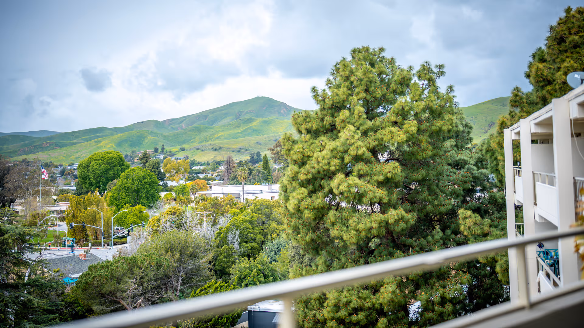 View from a balcony overlooking lush green trees, a residential area with houses and streets, and rolling green hills under a cloudy sky.