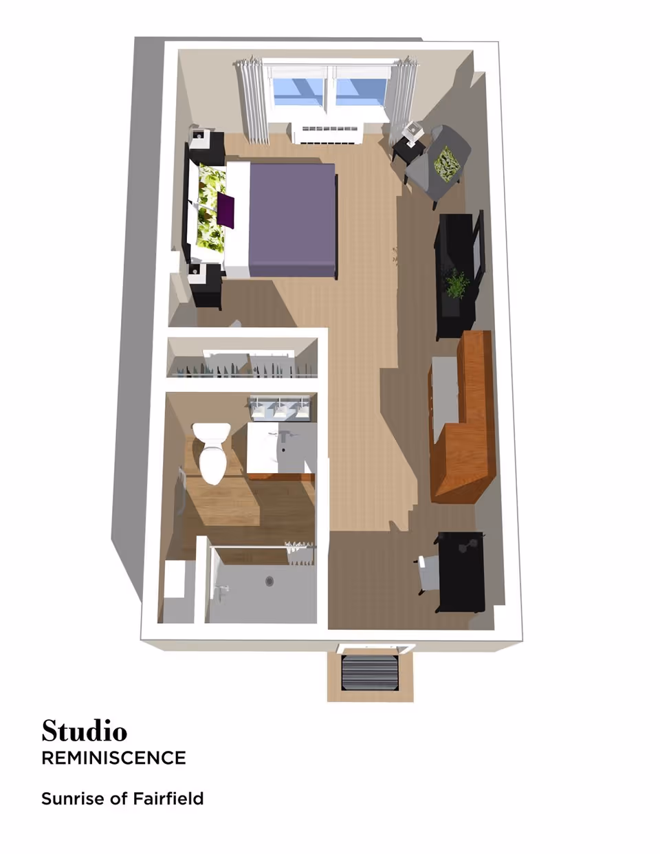 3D floor plan of a studio apartment at Sunrise of Fairfield showing a combined living and sleeping area with a bed, nightstands, armchair, TV, desk, and dresser. The layout also includes a bathroom with a toilet, sink, and shower.
