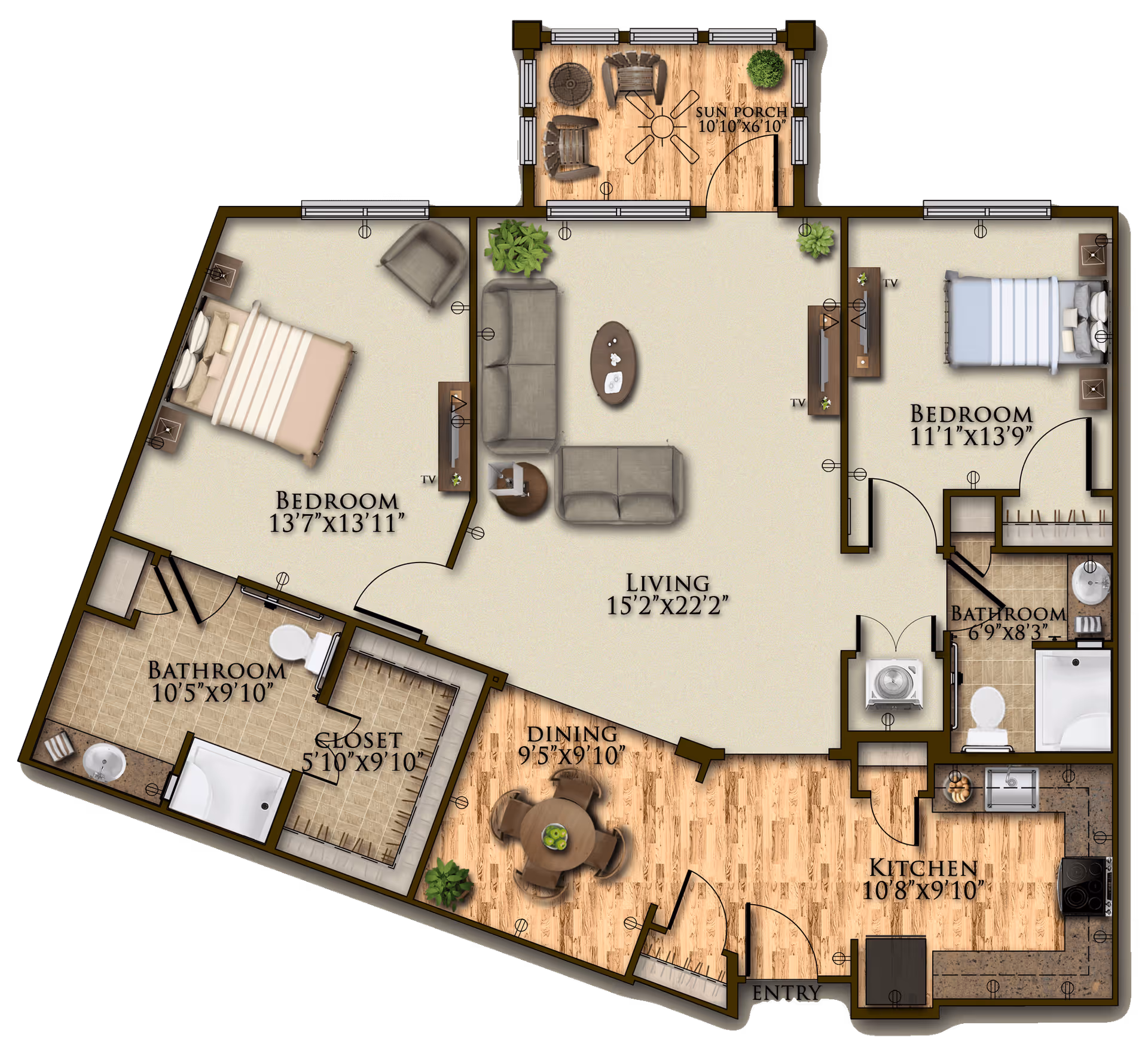 Floor plan of a residential unit at Harmony at Greensboro showing two bedrooms, two bathrooms, a living room, dining area, kitchen, closet, and sun porch with dimensions labeled for each room.