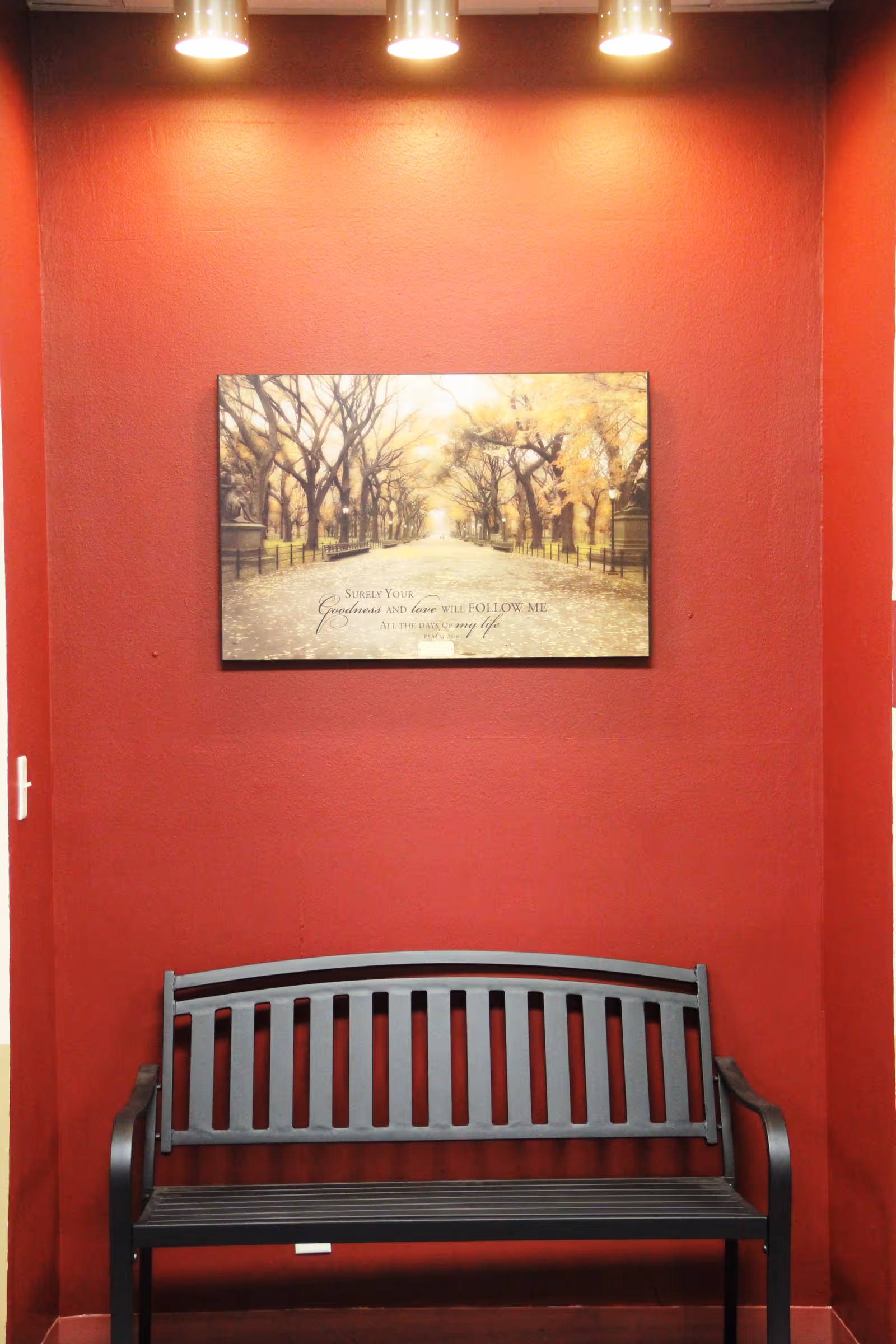 A black metal bench against a red wall with a framed picture above it. The picture depicts a tree-lined path with autumn leaves and contains an inspirational quote. Three ceiling lights illuminate the picture and bench area.