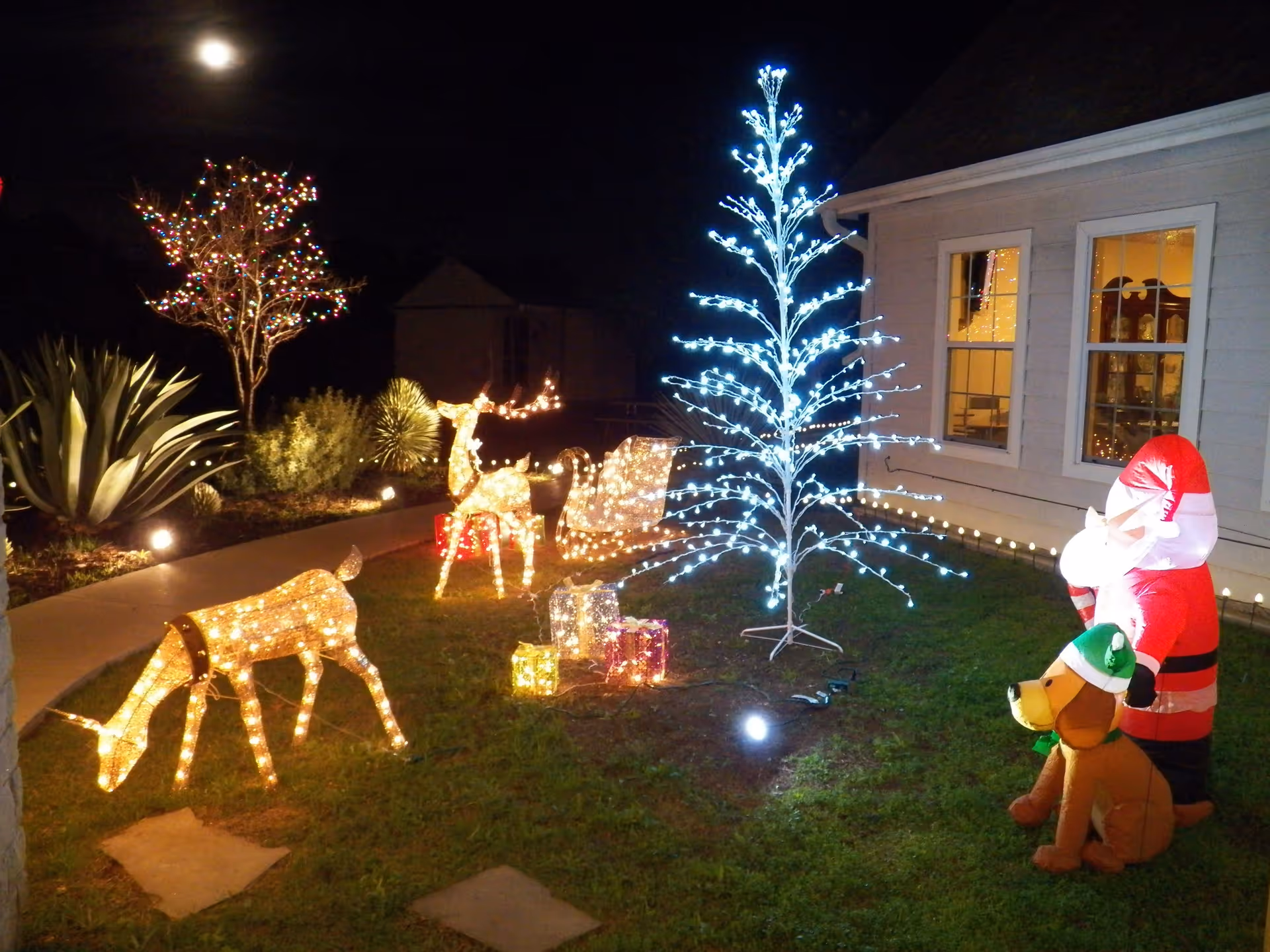 Outdoor nighttime scene with Christmas decorations including illuminated reindeer, sleigh, gift boxes, a white lighted tree, and inflatable Santa Claus and dog wearing a green hat, set on a grassy lawn next to a house with lit windows.