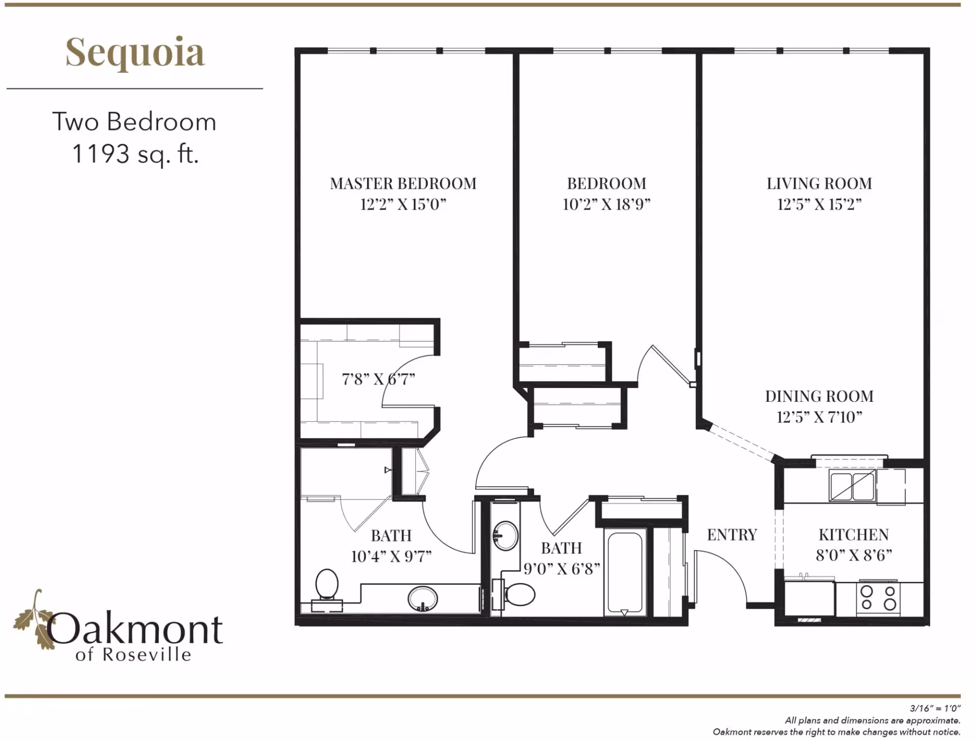 Black-and-white floor plan titled "Sequoia" showing a two-bedroom, two-bath apartment layout with labeled rooms and measurements.