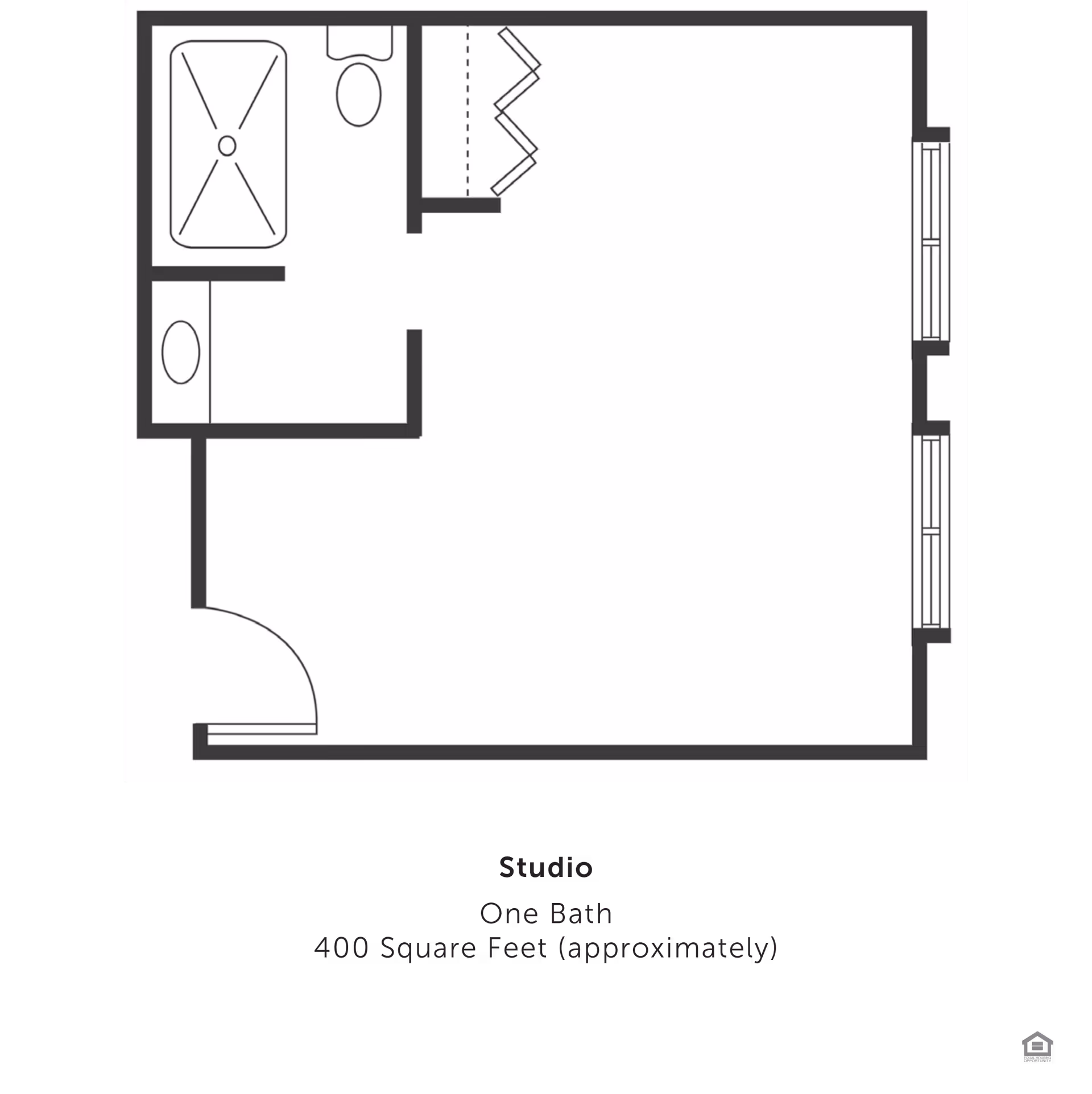Floor plan of a studio apartment with one bathroom, approximately 400 square feet. The layout shows a main living area, a bathroom with a bathtub, toilet, and sink, and a closet near the bathroom.