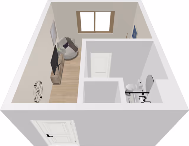 3D floor-plan rendering showing a small studio layout with a living area (TV, beanbag chair, window) and an adjacent bathroom.