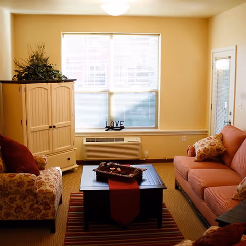 A cozy living room with a floral armchair and a red sofa, both with decorative pillows. A dark wooden coffee table with a red runner and a decorative basket sits on a striped rug. A cream-colored cabinet with a plant on top is against the wall near a large window with blinds. Below the window is a wall-mounted air conditioning unit. A door with a window and blinds is visible on the right side.