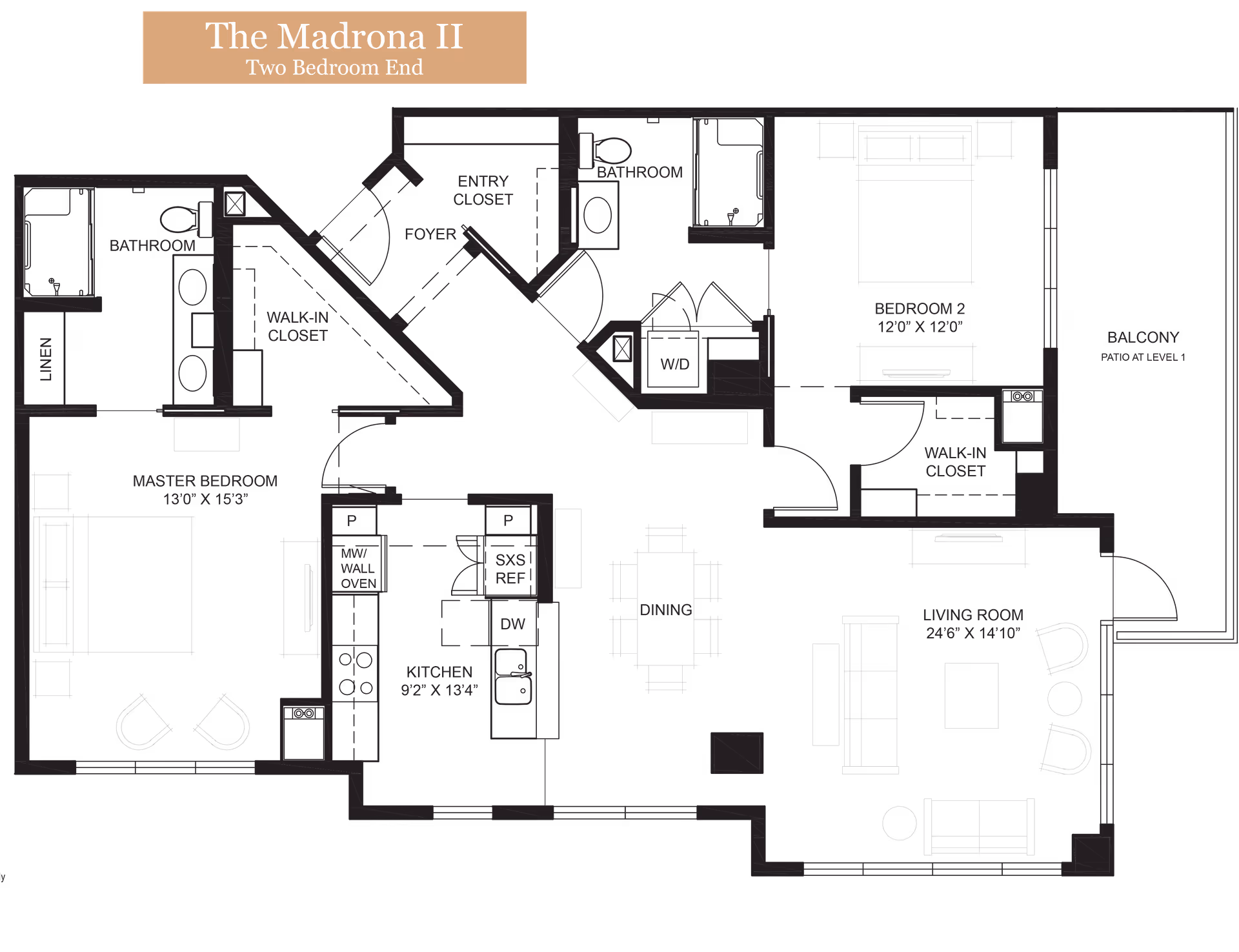 Floor plan of The Madrona II, a two-bedroom end unit at Timber Ridge at Talus, showing layout including master bedroom with walk-in closet and bathroom, second bedroom with walk-in closet, two bathrooms, kitchen, dining area, living room, foyer with entry closet, laundry area, and balcony.