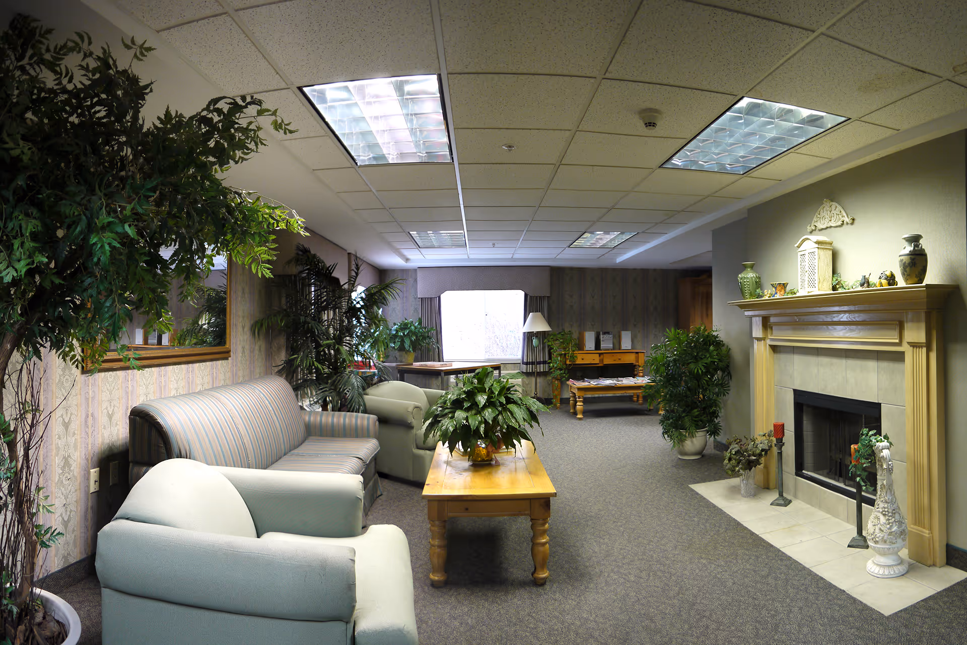 A cozy living room area in Pleasantview Care Center featuring comfortable armchairs and a striped sofa around a wooden coffee table with a potted plant. The room has a fireplace with decorative items on the mantel, several large potted plants, a window with curtains, and a carpeted floor under fluorescent ceiling lights.