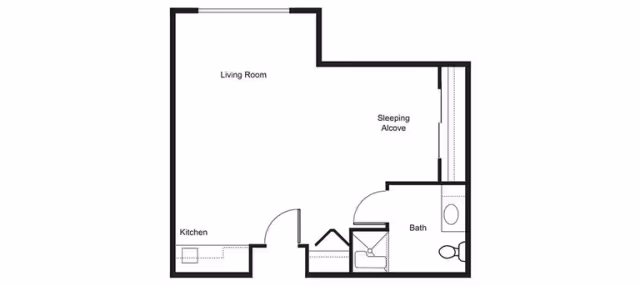 Floor plan of a living space at Edmonds Landing by Cogir showing a living room, kitchen, sleeping alcove, and bathroom with labeled areas and door placements.