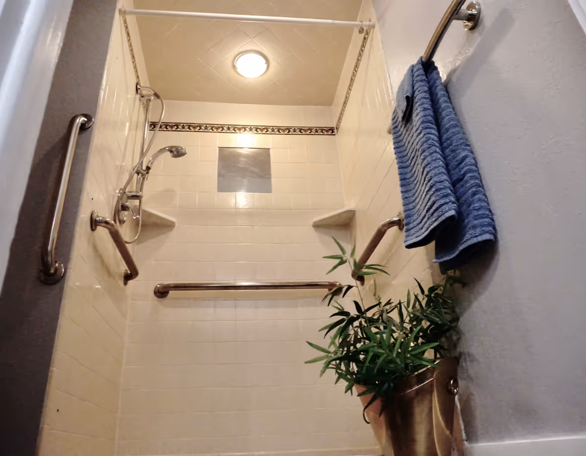 A tiled shower area with a handheld showerhead, multiple grab bars for support, a blue towel hanging on a towel ring, and a potted plant in a gold-colored container placed on the floor.