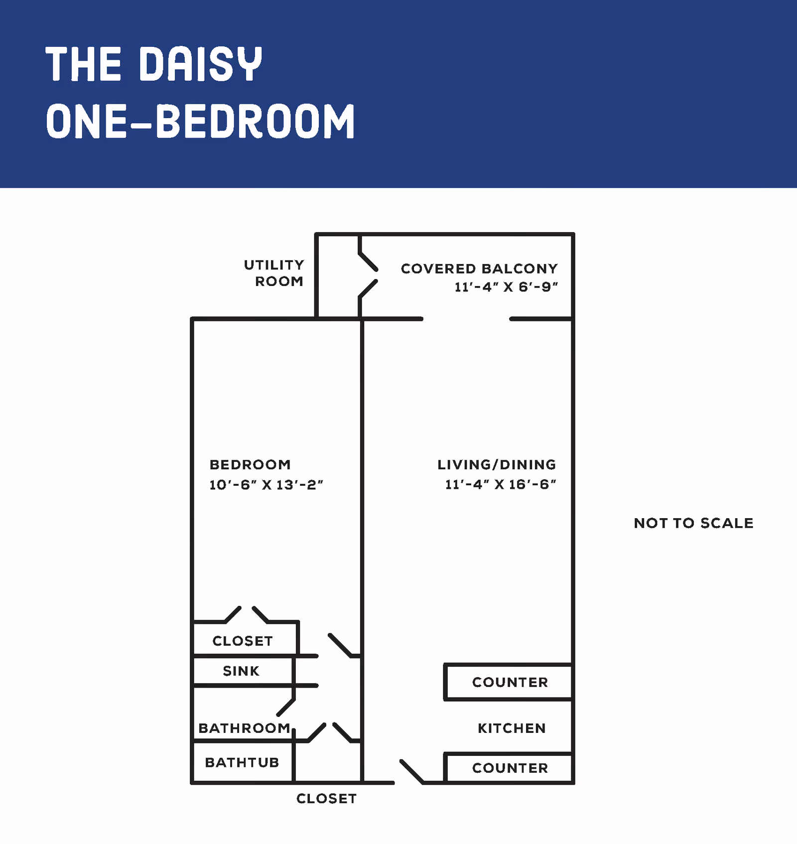 Floor plan layout titled 'The Daisy One-Bedroom' showing a bedroom, bathroom with bathtub and sink, closets, utility room, covered balcony, living/dining area, and kitchen with counters. Dimensions are provided for each room.