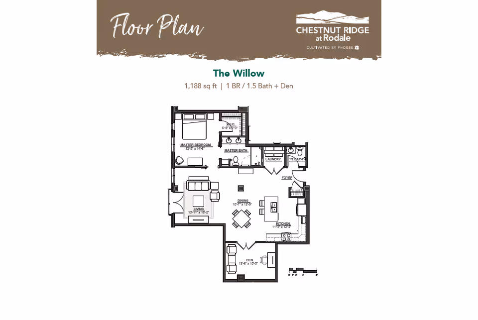 Floor plan of The Willow unit at Chestnut Ridge at Rodale showing a layout with 1 bedroom, 1.5 bathrooms, a den, living room, dining area, kitchen, laundry, and foyer. The plan includes dimensions for each room and labels for spaces such as master bedroom, master bath, walk-in closet, half bath, and den.