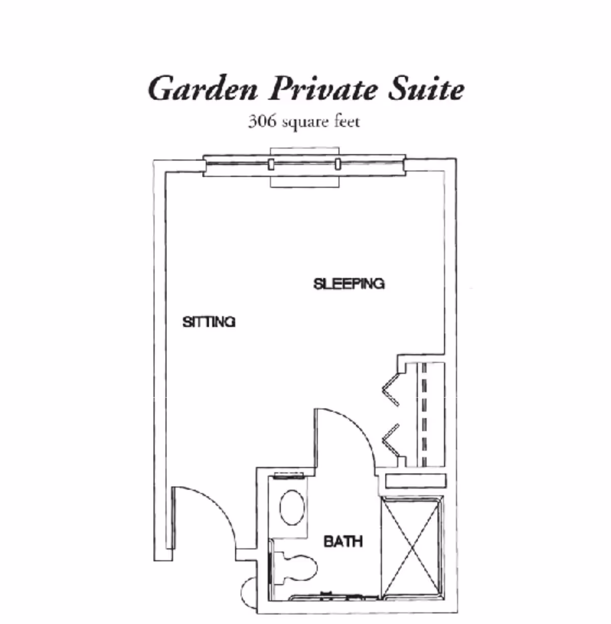 Floor plan of a Garden Private Suite measuring 306 square feet, showing designated areas for sitting, sleeping, and a bathroom with a toilet and shower.