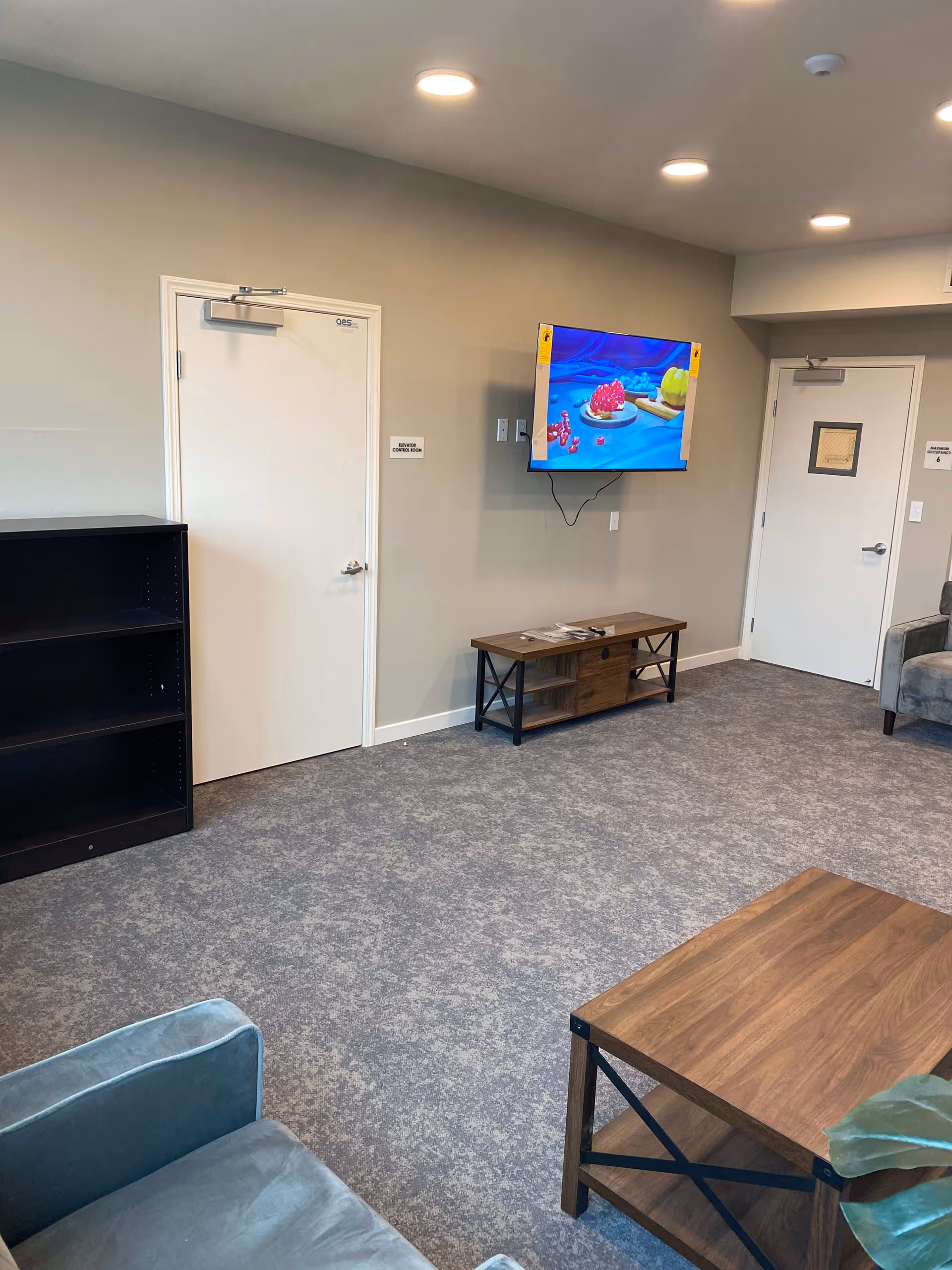 A modern living room with gray carpet, light gray walls, and recessed ceiling lights. The room features a mounted flat-screen TV displaying a colorful image, a wooden TV stand, a wooden coffee table, a blue upholstered armchair, and a black empty bookshelf. There are two white doors, one labeled 'Elevator Control Room' and the other with a small window and a sign indicating maximum occupancy of 6.