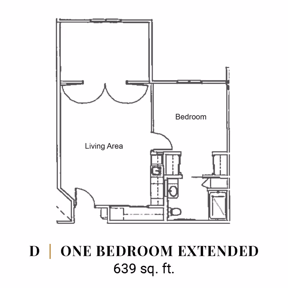 Floor plan layout of a one bedroom extended apartment with a living area, bedroom, kitchen, and bathroom, totaling 639 square feet.