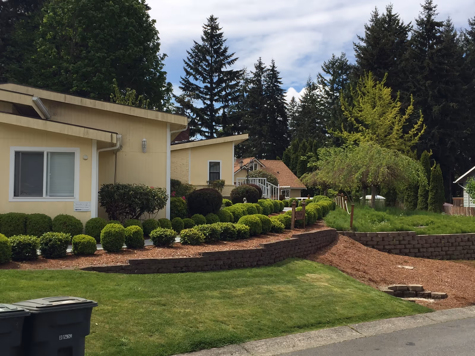 Front exterior of a yellow single-story house with manicured shrubs, a terraced garden, and tall trees in the background.