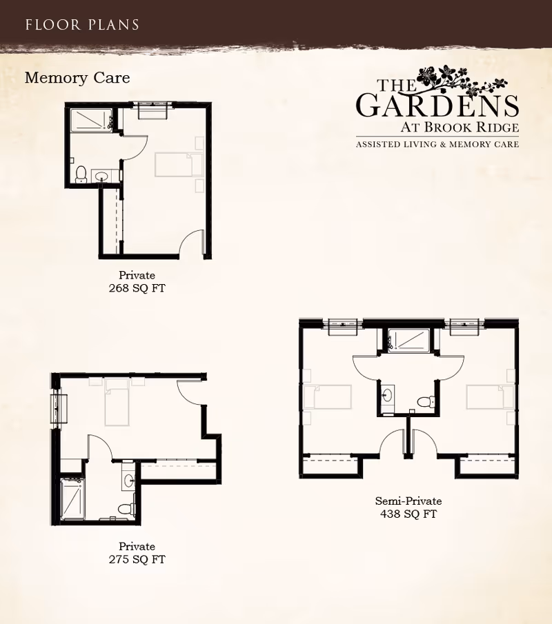 Floor plans for memory care units at The Gardens at Brook Ridge, showing layouts for private and semi-private rooms with dimensions.
