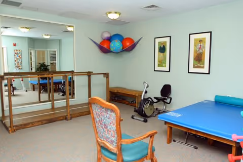 A therapy or exercise room with a wooden chair, a stationary exercise bike, a blue padded therapy table, a ballet barre with mirrors behind it, and a wall-mounted hammock holding colorful exercise balls. Two framed pictures hang on the light green wall.