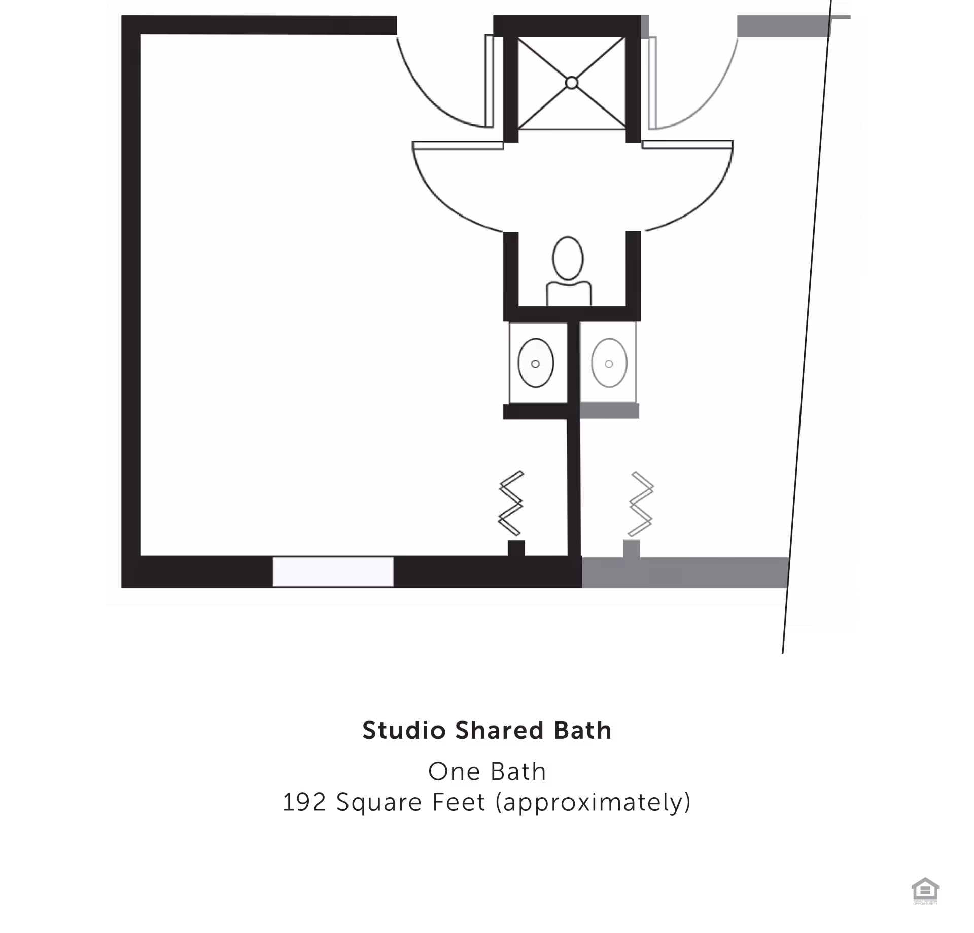 Top-down floor plan diagram of a studio with a shared bath showing a toilet, two sinks, a shower area, and surrounding room outline.