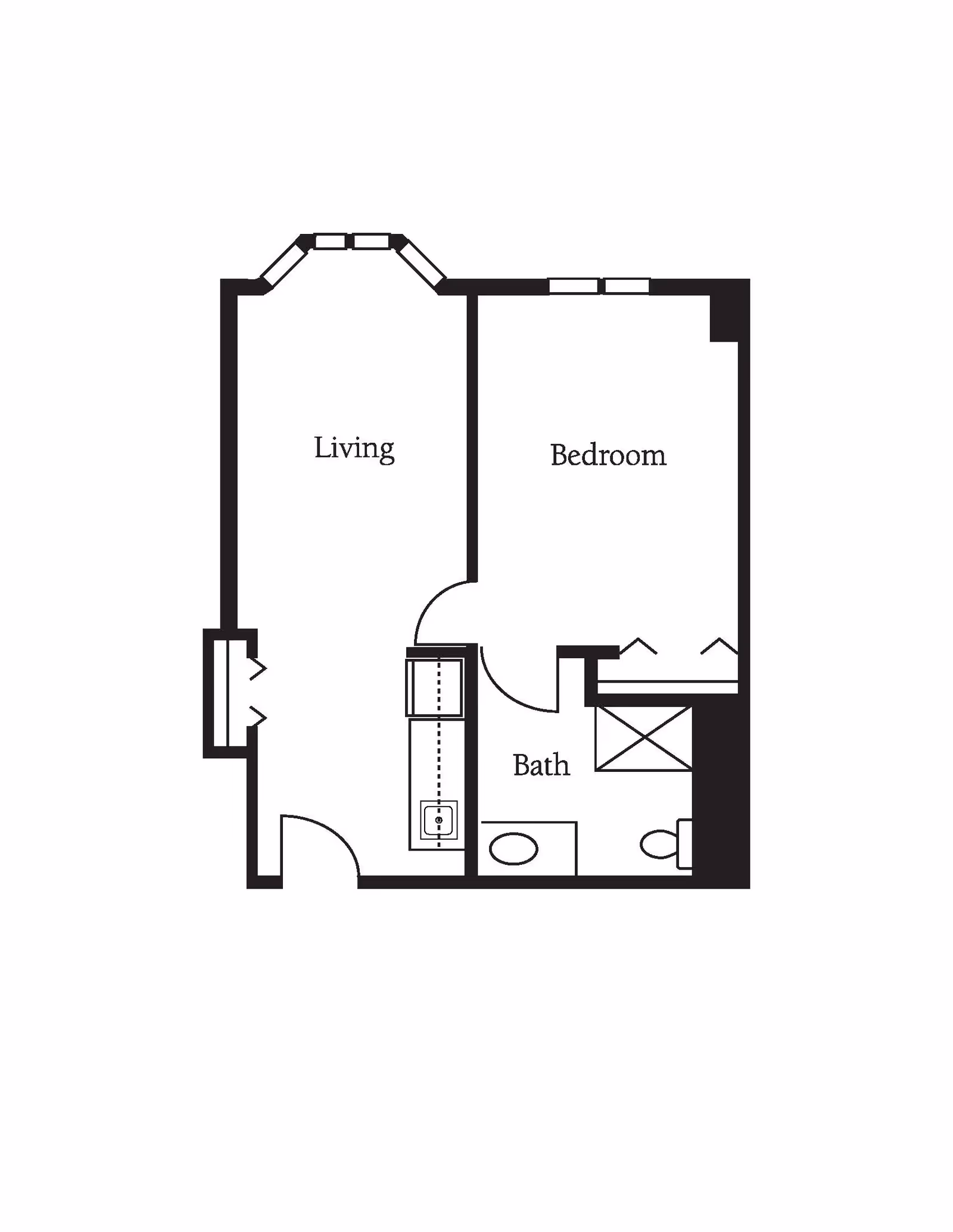 Floor plan layout showing a living room, bedroom, and bathroom. The living room is adjacent to the entrance, the bedroom is next to the living room, and the bathroom is accessible from the bedroom area.