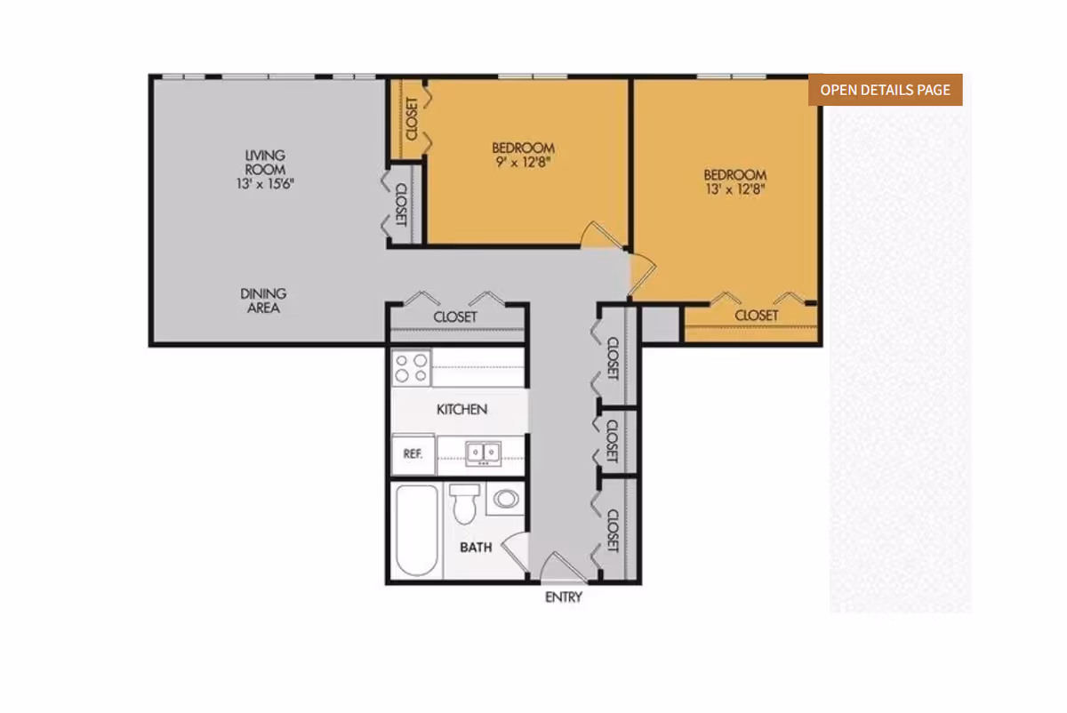 Simplified floor plan of a two-bedroom apartment showing a living/dining area, kitchen, bathroom, and multiple closets.