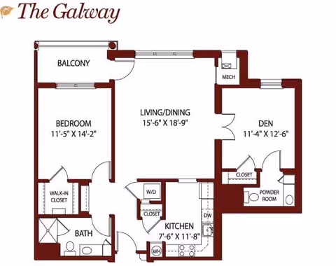 Floor plan titled 'The Galway' showing a one-bedroom plus den layout with living/dining area, kitchen, bath, powder room, balcony and room measurements.