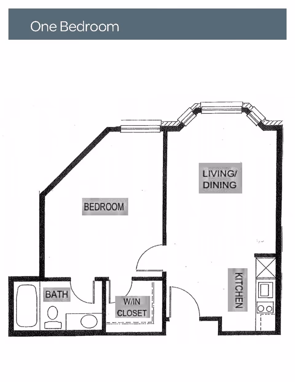 Floor plan of a one-bedroom apartment showing a bedroom, bathroom, walk-in closet, living/dining area, and kitchen.
