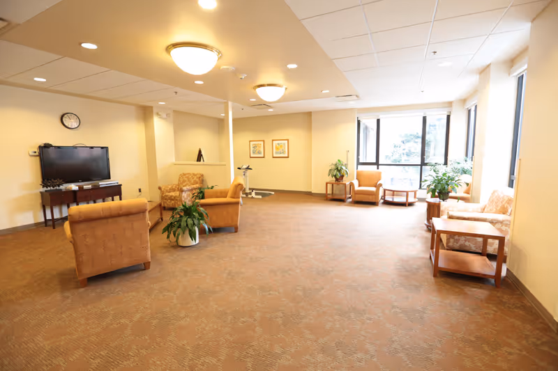 Spacious, well-lit sitting room with armchairs, side tables, plants, a TV, and large windows.
