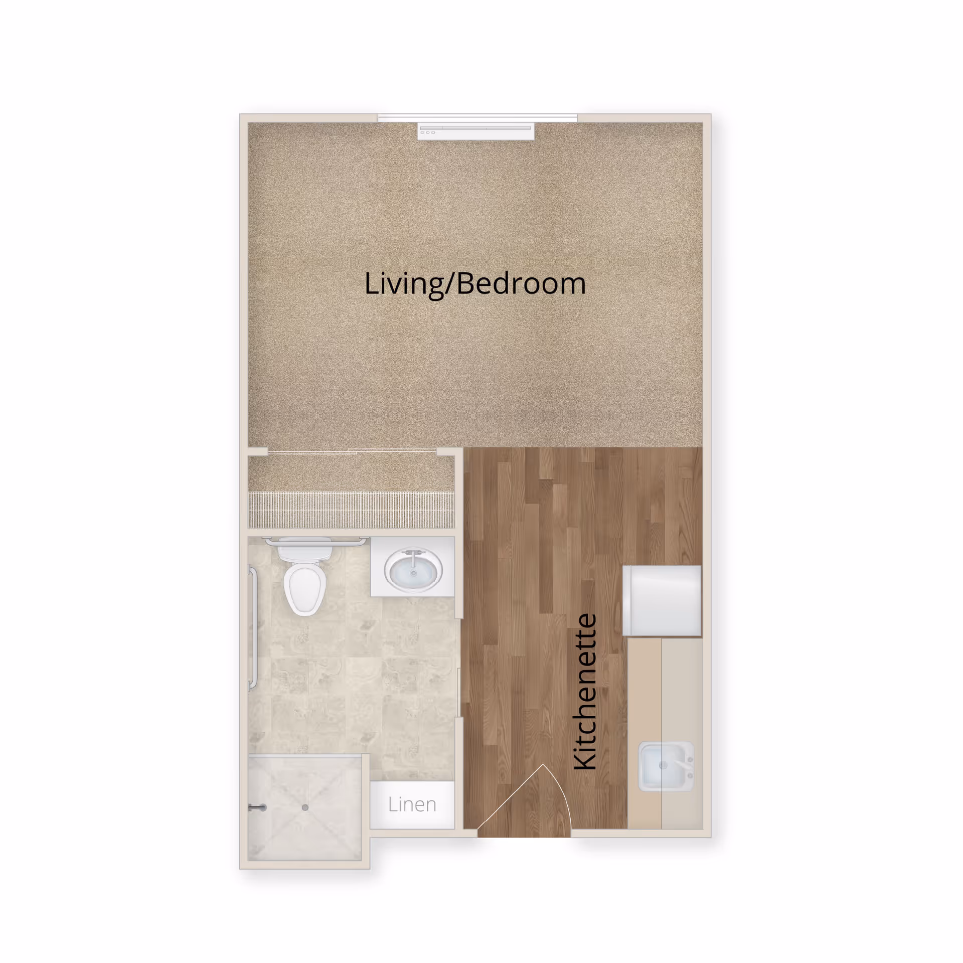 Floor plan of a senior living studio apartment at Cambridge Court Senior Living, showing a combined living and bedroom area, a kitchenette with a sink and refrigerator, and a bathroom with a toilet, sink, shower, and linen closet.