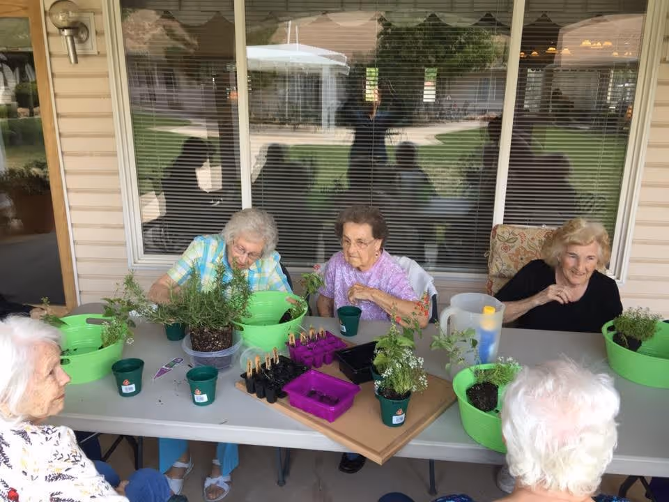 A group of elderly women sitting around a table outside a building, engaging in a gardening activity with green pots, plants, and gardening tools on the table.