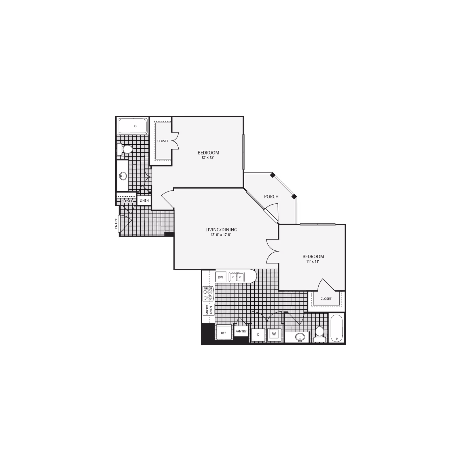 Floor plan of a two-bedroom apartment featuring a living/dining area, kitchen with pantry, two bathrooms, closets, a porch, and laundry area with washer and dryer.