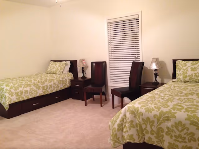 A bedroom with two single beds featuring green and white patterned bedding. Each bed has a matching pillow and a dark wooden headboard. Between the beds are two dark wooden nightstands with lamps. Two dark wooden chairs are placed in front of a window with white blinds. The room has beige carpet and cream-colored walls.