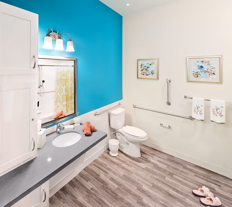 Bright and clean bathroom with a white toilet, gray countertop with sink, white cabinets, and a large mirror. The wall behind the mirror is painted turquoise, while the other walls are white. There are two framed pictures of birds on the wall, grab bars near the toilet, a towel rack with two floral towels, and a pair of pink slippers on the wood-patterned floor.