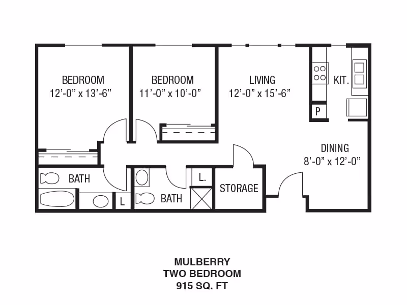 Floor plan of a two-bedroom apartment named Mulberry with a total area of 915 square feet. The layout includes two bedrooms, two bathrooms, a living room, a dining area, a kitchen, and storage space.