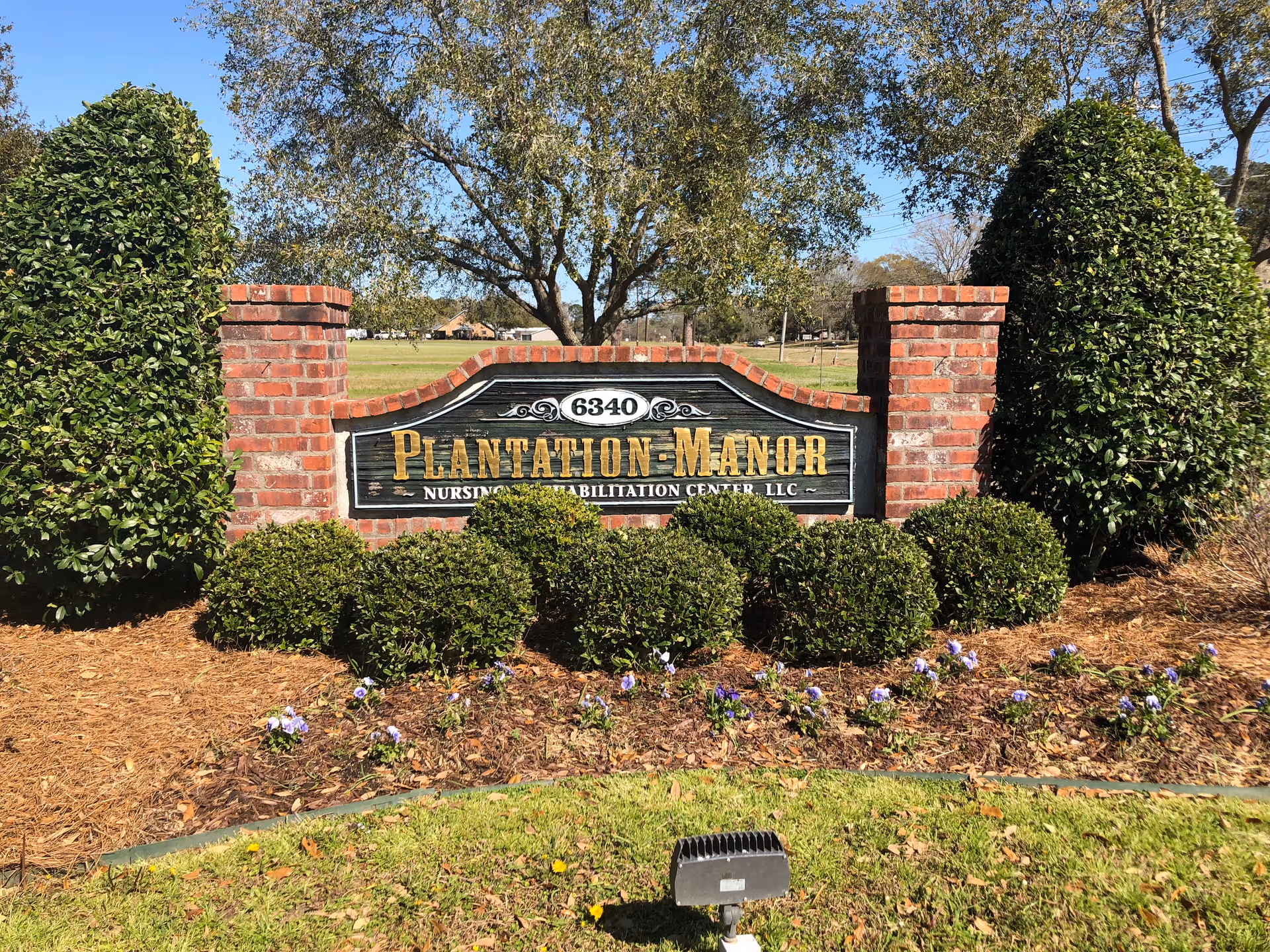 A brick and wood sign for Plantation Manor Nursing & Rehabilitation Center, LLC, surrounded by neatly trimmed bushes and small purple flowers, with a large tree and open grassy area in the background under a clear blue sky.
