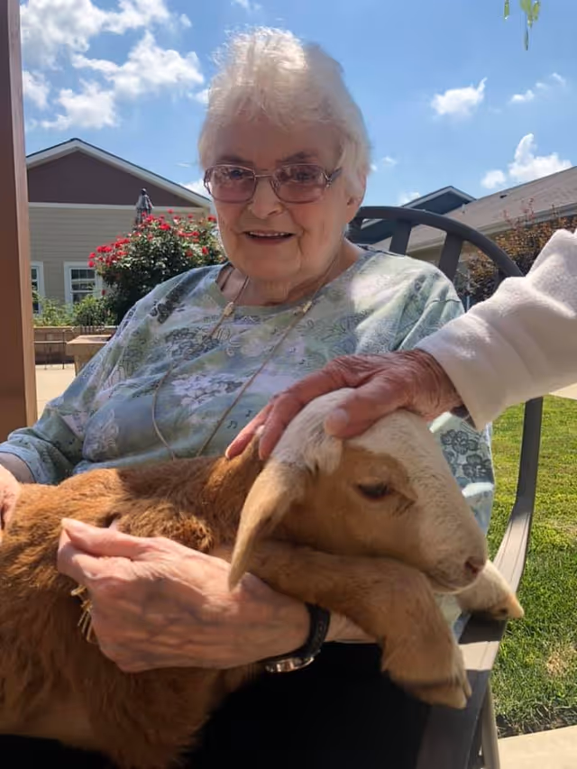An elderly woman with white hair and glasses sitting outside on a chair, smiling while holding a small brown and white goat in her lap. Another person's hand is gently petting the goat's head. The background shows a garden with flowers, houses, and a partly cloudy blue sky.