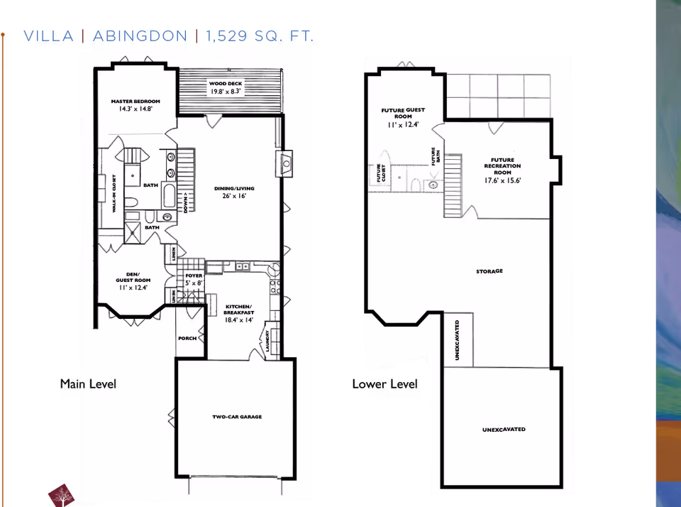 Black-and-white floor plan drawing of a two-level villa showing labeled rooms, a two-car garage, wood deck and basement layout.