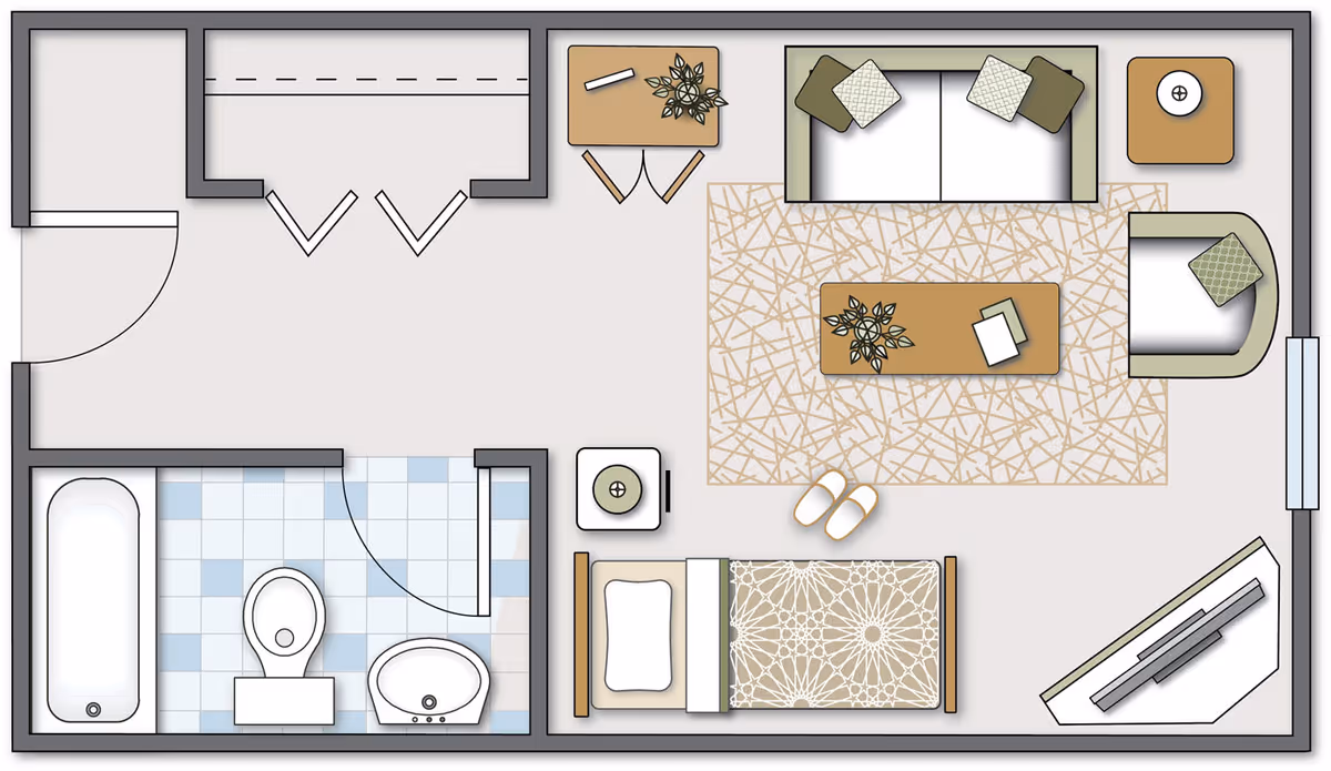 Floor plan of a small living space featuring a bedroom area with a single bed, nightstand, and slippers on a rug. The living area includes a sofa, armchair, coffee table, side table, and a TV on a stand. There is a bathroom with a bathtub, toilet, and sink. A small table with two chairs is positioned near the entrance, and a closet is located adjacent to the entrance door.