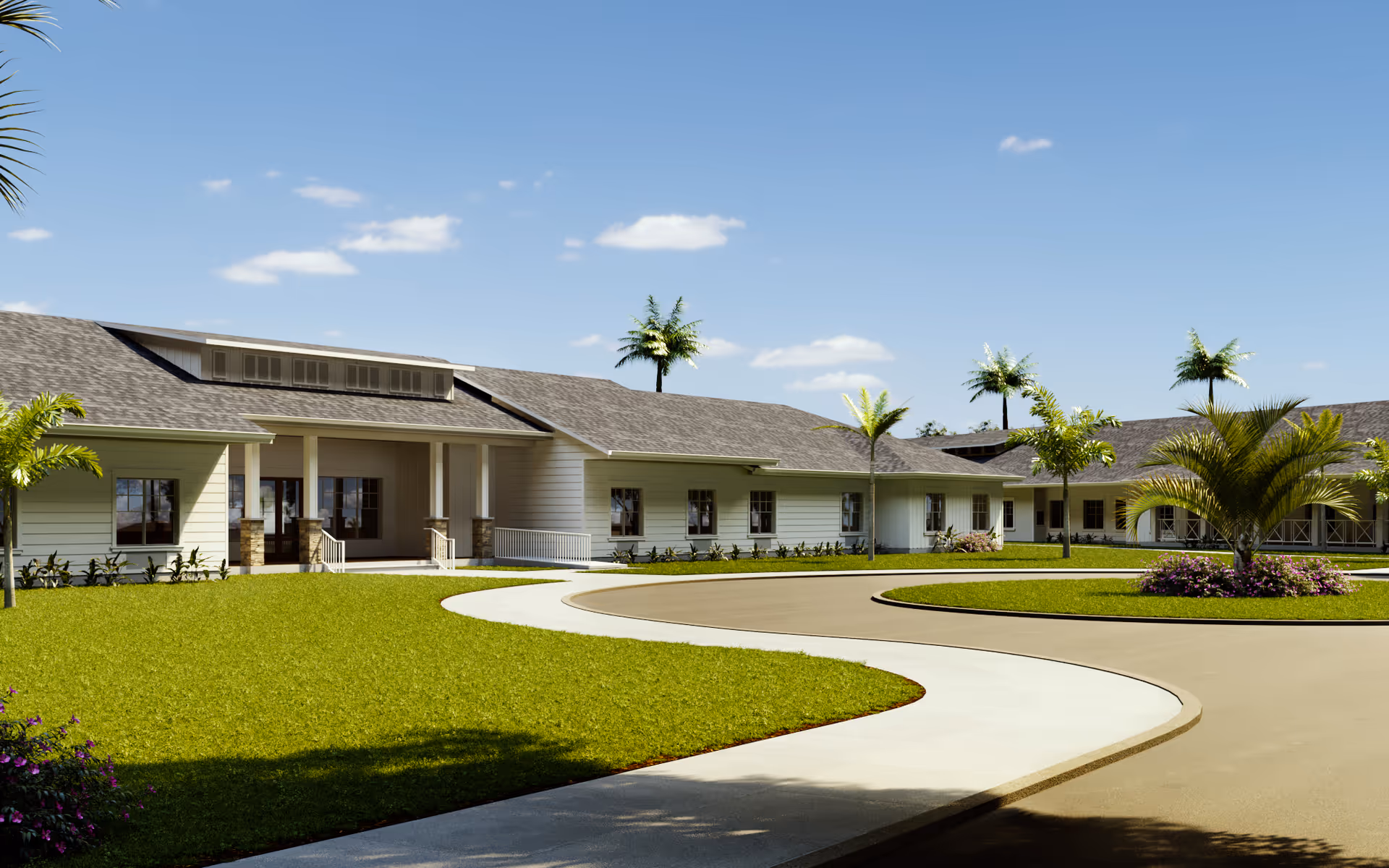 Exterior view of Senior Living at the Greens, a single-story facility with curved driveway and palms.
