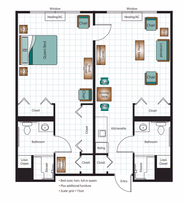 Floor plan of a senior living apartment at Belmont Village Senior Living Sunnyvale showing two main rooms separated by a kitchenette and closets. The left room includes a queen bed, two night stands, two chairs, a small dresser, and an entertainment center. The right room features a loveseat, three chairs, a coffee table, a table, and a dinette table with two chairs. Both rooms have a bathroom with a shower, toilet, sink, and linen closet. The layout includes multiple closets and heating/AC units near windows. The scale indicates 1 foot per grid square.