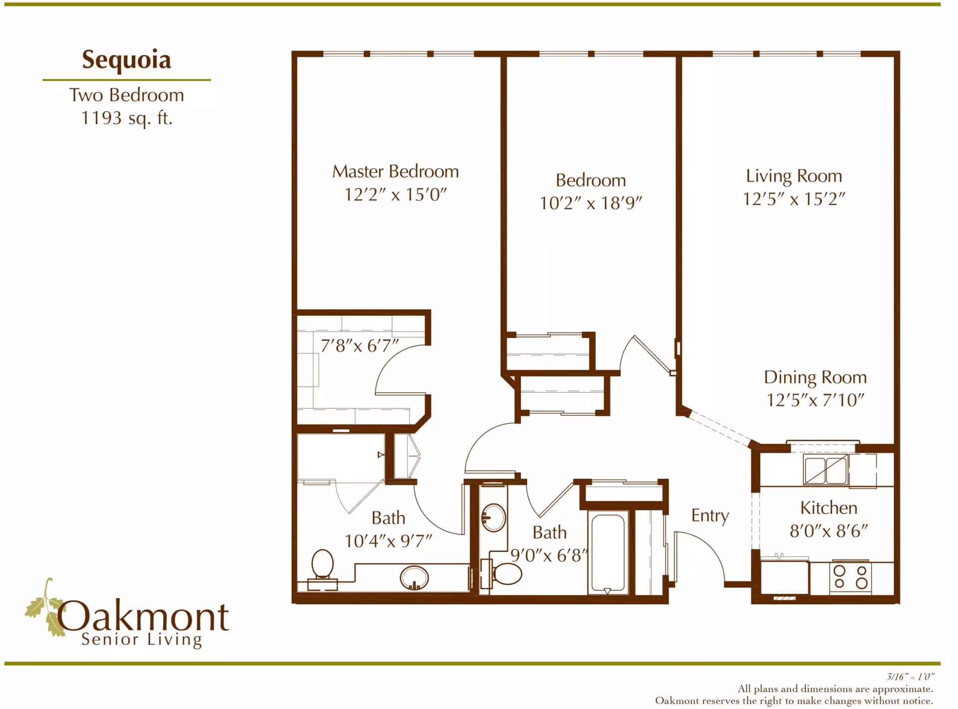 Floor plan of Sequoia two-bedroom apartment at Oakmont Senior Living, showing dimensions for master bedroom, bedroom, living room, dining room, kitchen, and two bathrooms.