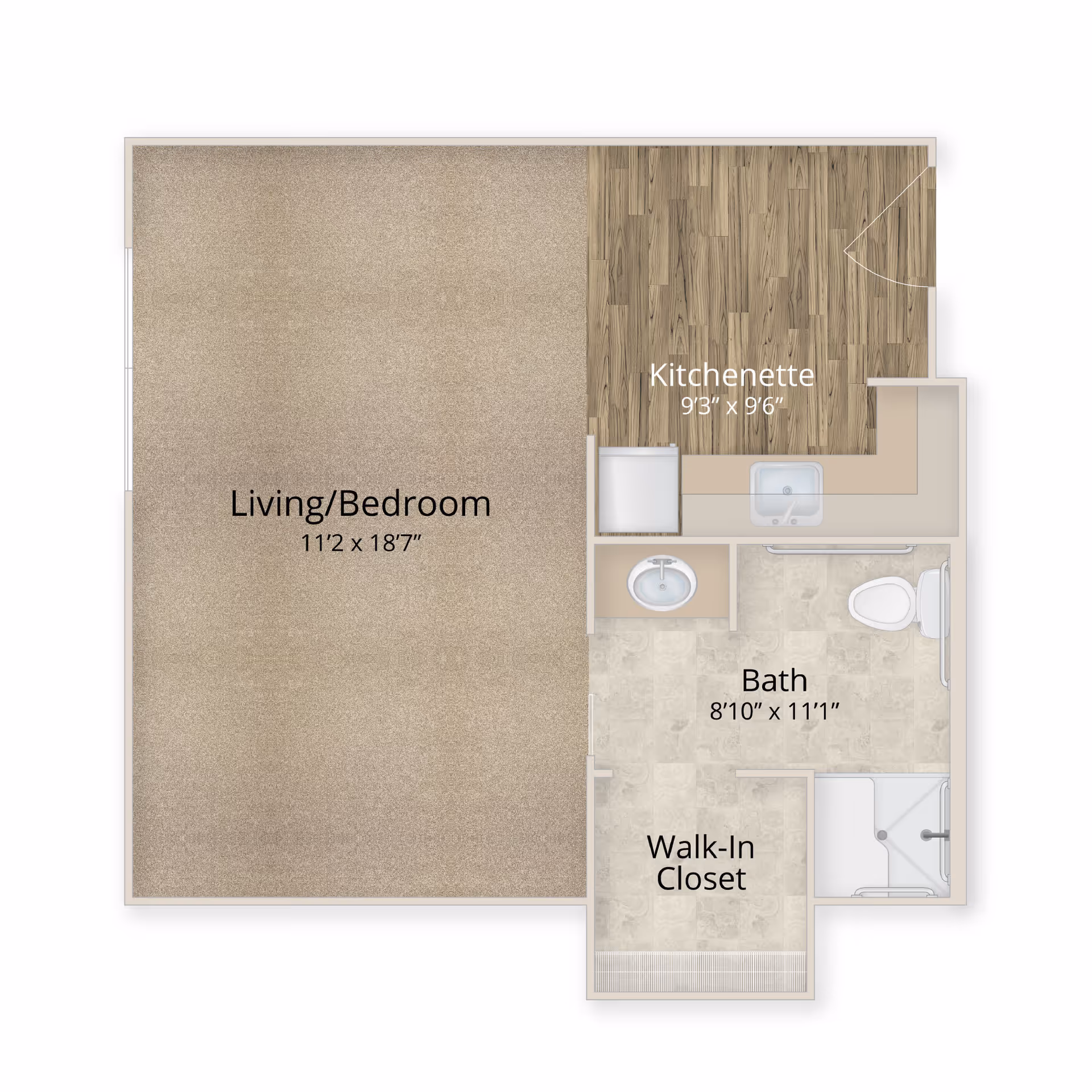 Floor plan of a living space at Clear Fork Assisted Living and Memory Care, showing a combined living/bedroom area measuring 11'2" x 18'7", a kitchenette measuring 9'3" x 9'6" with wood flooring, a bathroom measuring 8'10" x 11'1" with a sink, toilet, and shower, and a walk-in closet.
