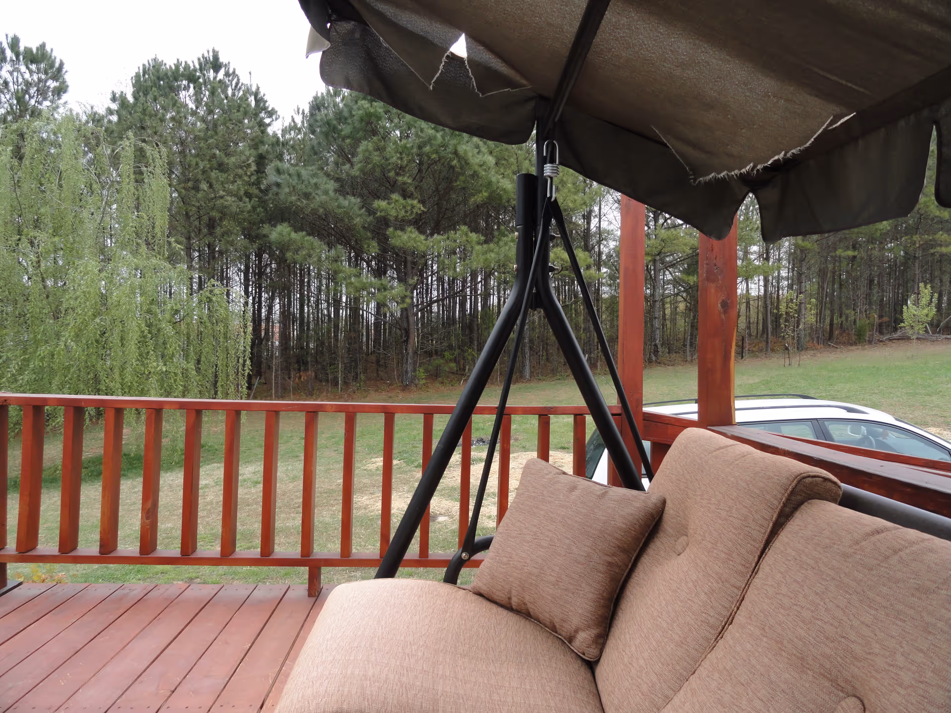 Cushioned outdoor swing with a torn canopy on a wooden deck overlooking a grassy yard and a line of trees.