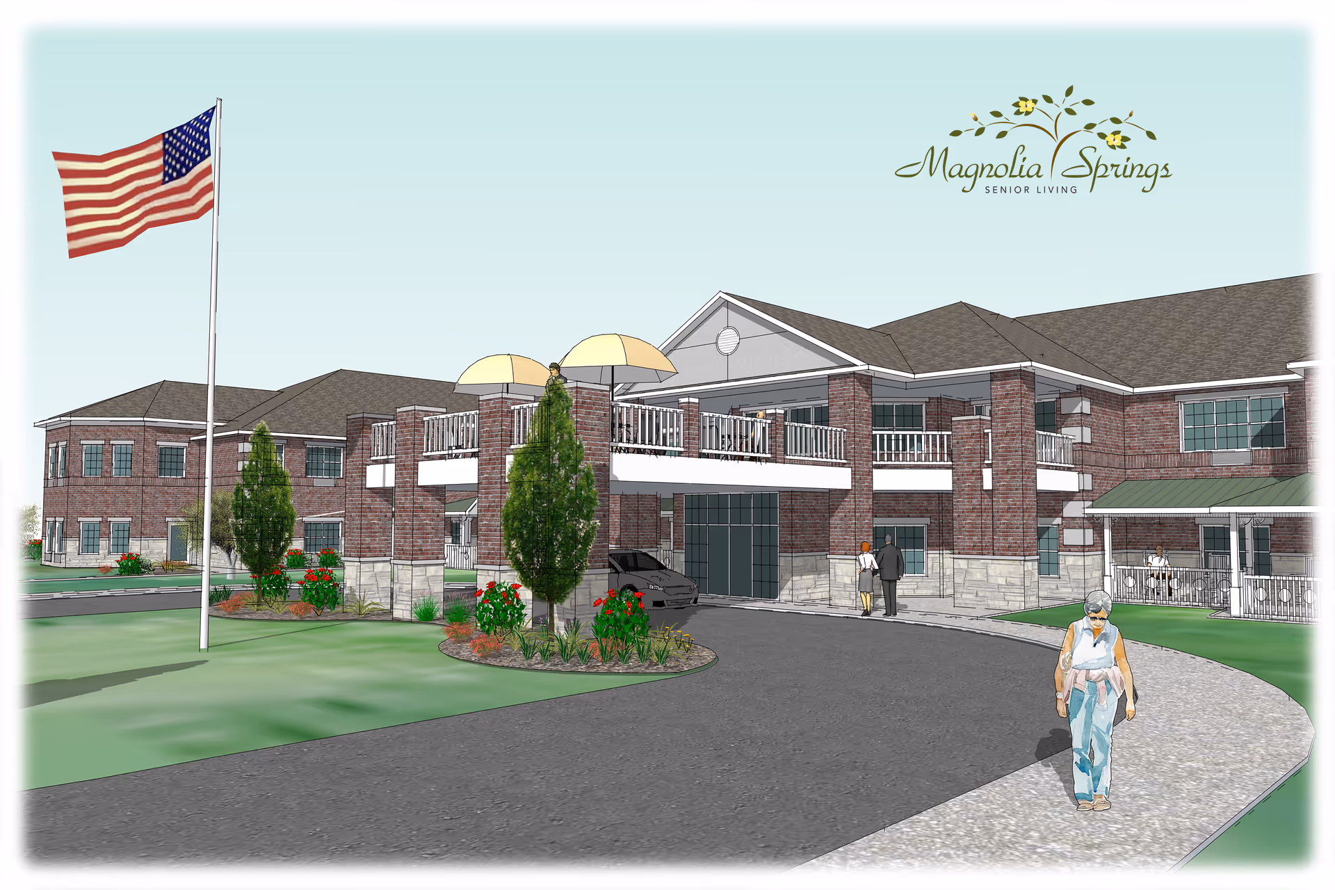 Illustration of the exterior front view of Magnolia Springs Loveland senior living facility showing a two-story brick building with a covered entrance, landscaped grounds with trees and flowers, an American flag on a flagpole, and a few people walking near the entrance.