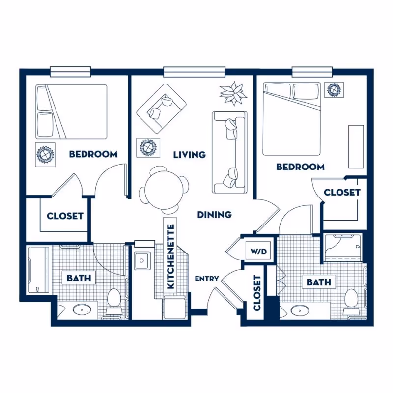 Floor plan of a two-bedroom apartment featuring two bedrooms each with a closet, two bathrooms, a kitchenette, a combined living and dining area, an entryway, and a washer/dryer closet.
