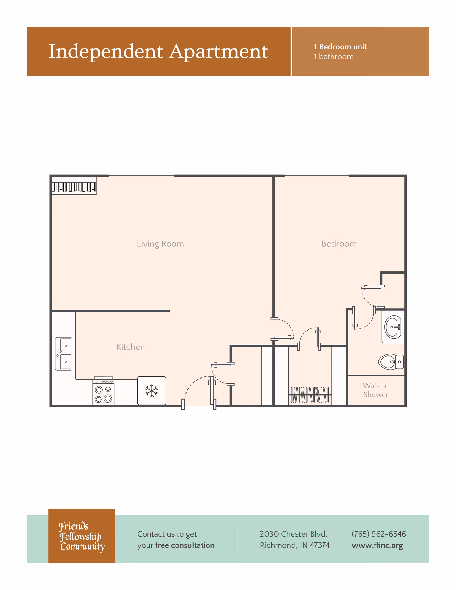 Floor plan of an independent apartment with one bedroom and one bathroom. The layout includes a living room, kitchen, bedroom, walk-in shower, and closets. The plan is labeled with room names and shows door placements.