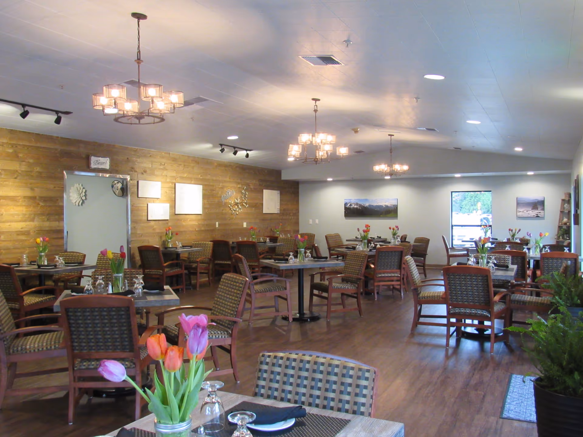 A spacious dining room in a senior community with multiple tables and chairs arranged neatly. Each table has a small vase with colorful tulips and place settings with glasses and napkins. The room features wooden flooring, a wood-paneled accent wall with framed pictures, and modern chandeliers hanging from the ceiling. Large windows let in natural light, and there are plants adding greenery to the space.