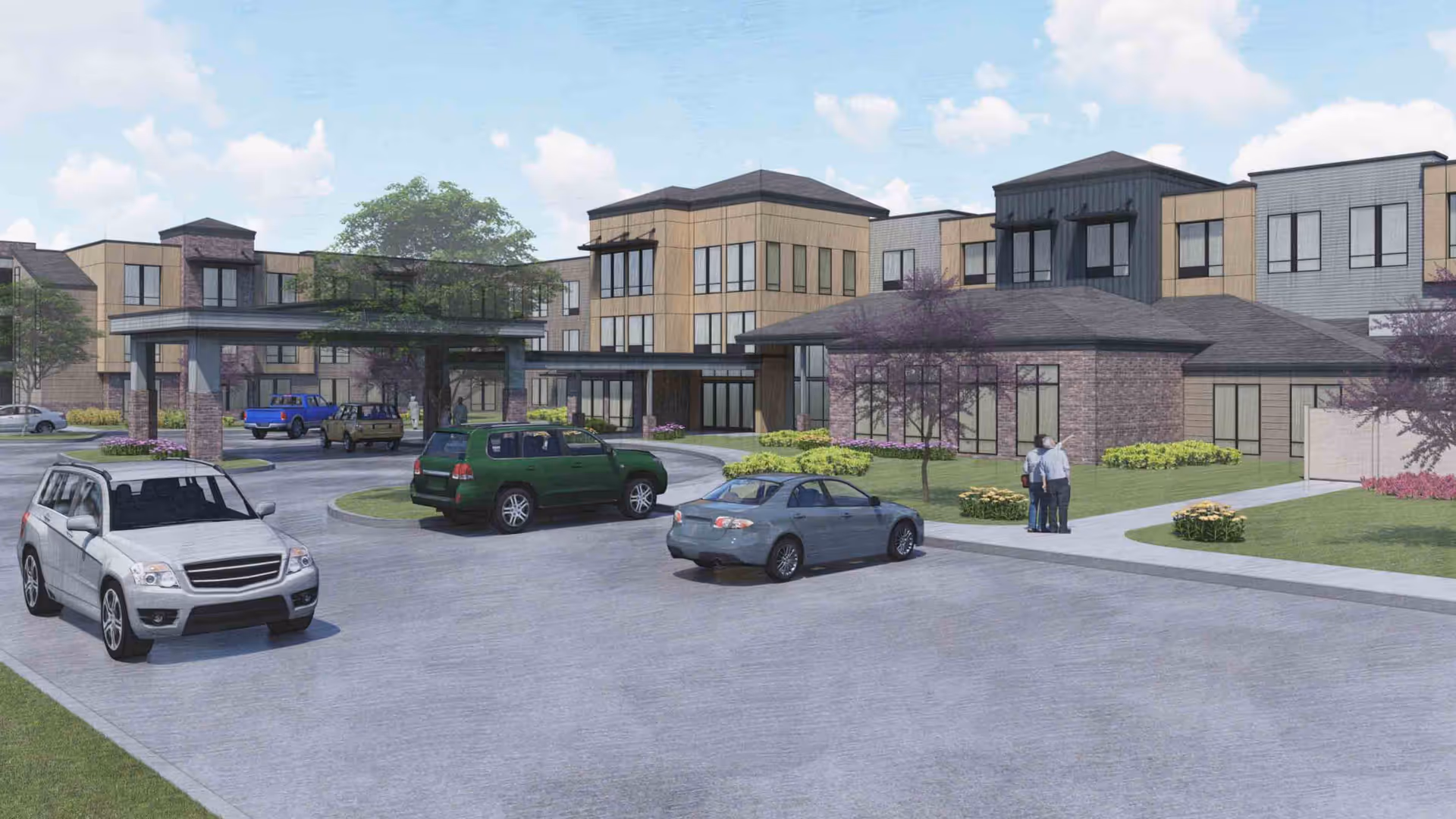 Rendered exterior view of a modern three-story senior living building with cars in the driveway and two people near the entrance.