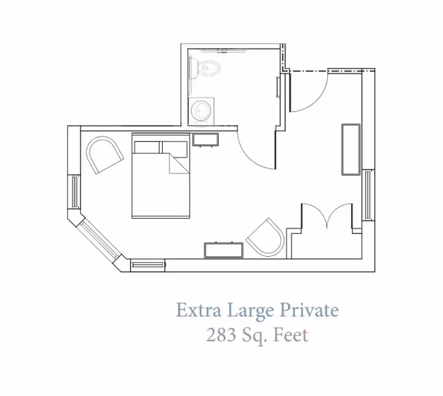Architectural floor plan of an extra large private room measuring 283 square feet, showing a bedroom area with a bed, two chairs, a bathroom with a toilet and sink, and entry doors.