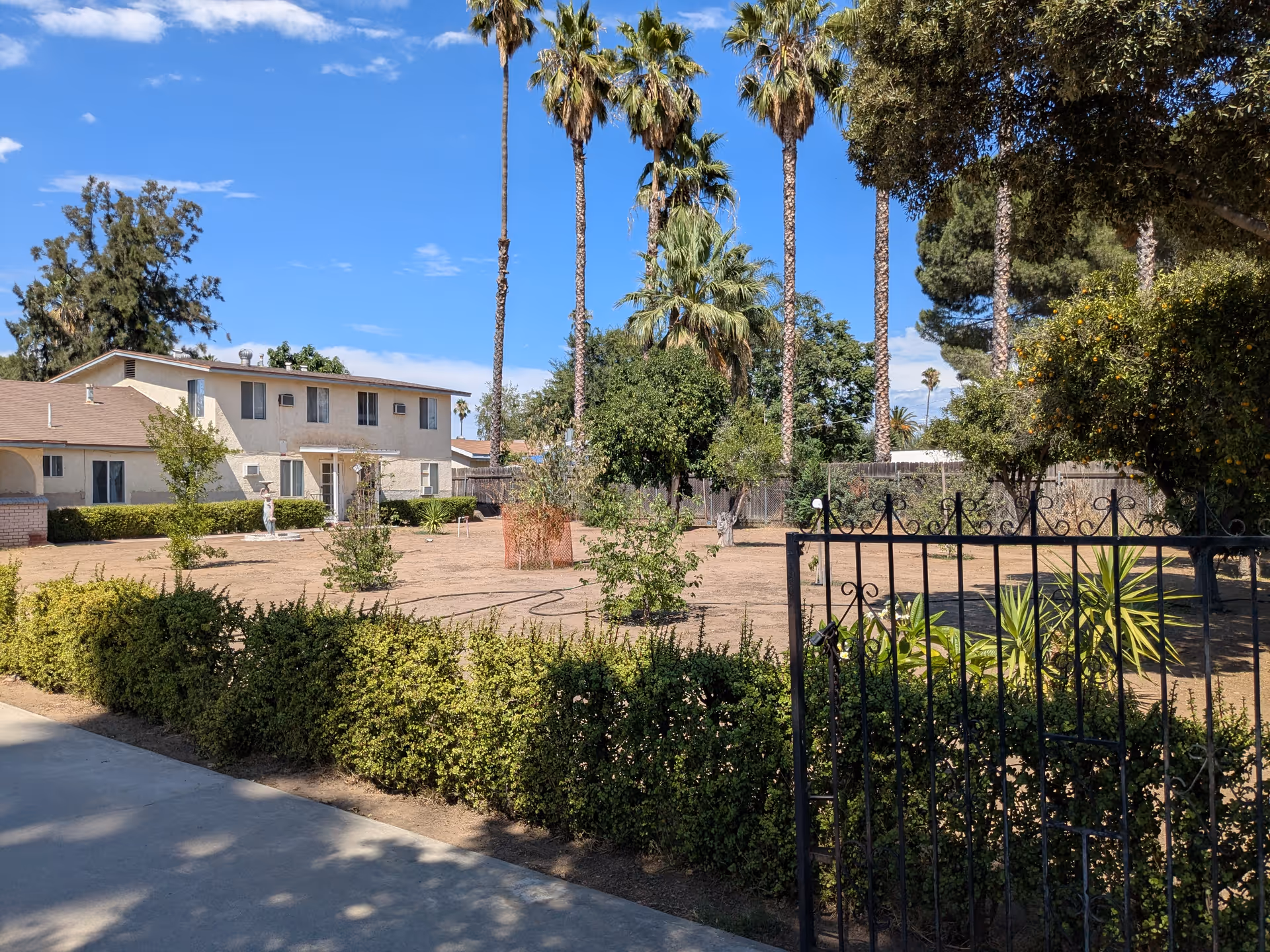 Two-story beige residential building with a large dry front yard, tall palm trees, and an iron gate in the foreground.